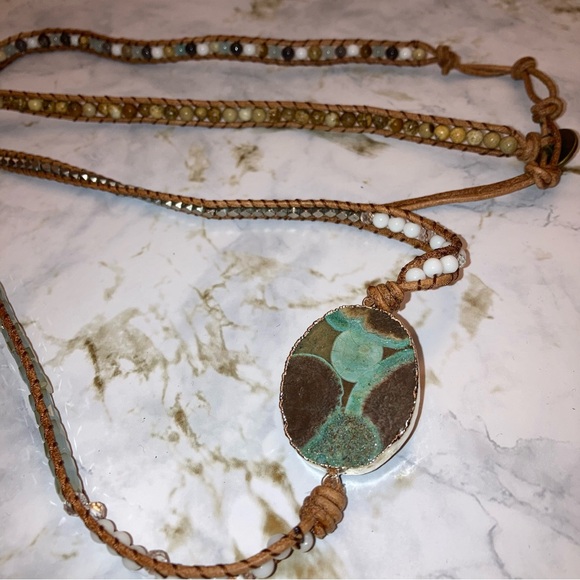 Artisan Belt Boho Green and Brown Pendant Beaded Bohemian Native Western Cowgirl